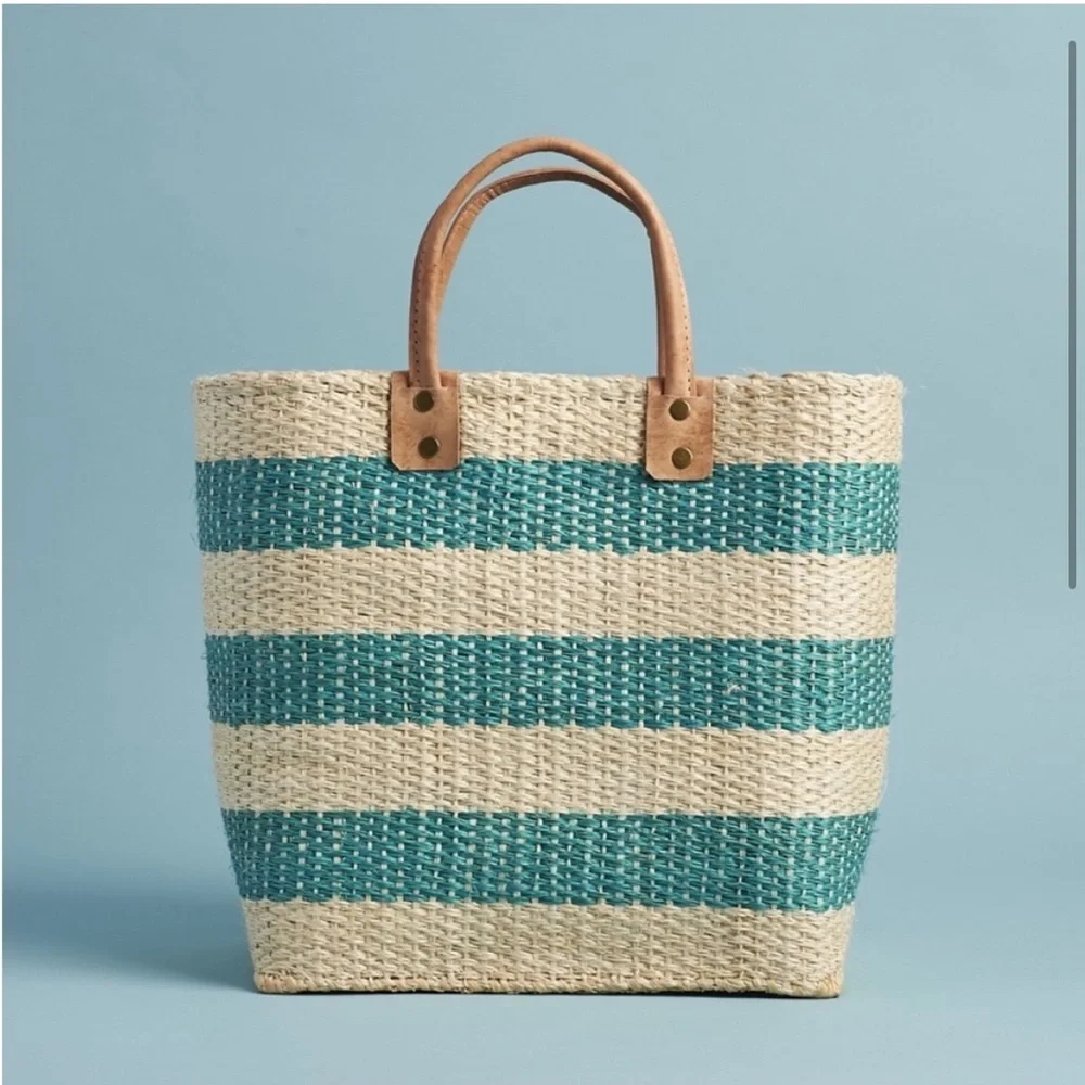 Mar Y Sol Collins striped seagrass pom pom tote - Picture 2 of 11